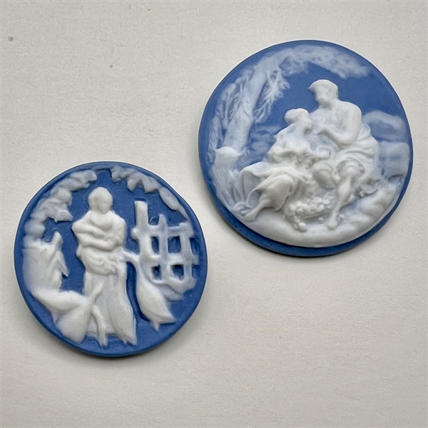 Two Jasperware studio buttons by Shirley Shaw.