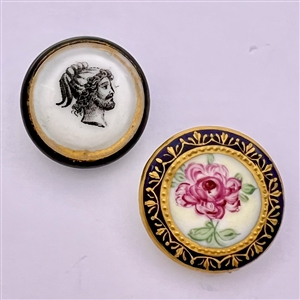 Two ceramic buttons of assorted subjects. 