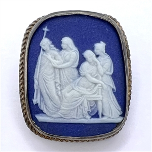 Wedgwood button of a group of women interacting.