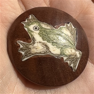 Natural material set in boxwood button of a frog.