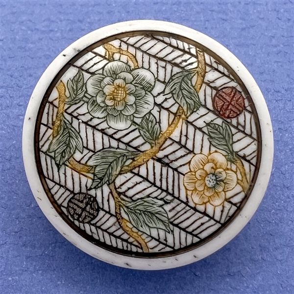 Flowers growing on trellis natural material button.