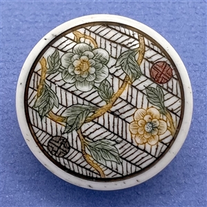 Flowers growing on trellis natural material button.