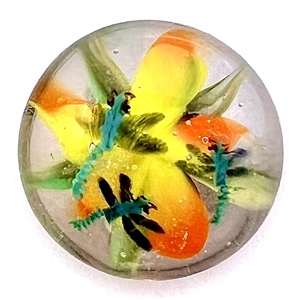 Mary Gaumond glass paperweight studio button of water lily and dragonflies.