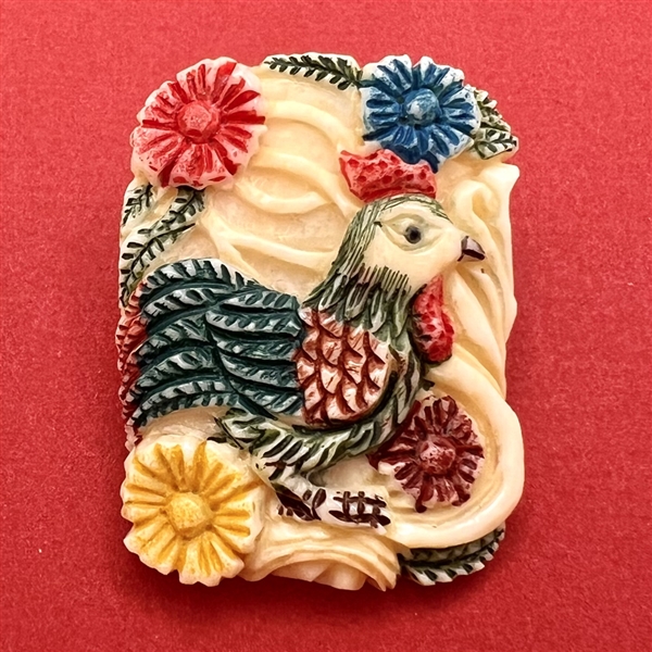 Colorful chicken and flowers natural material button.