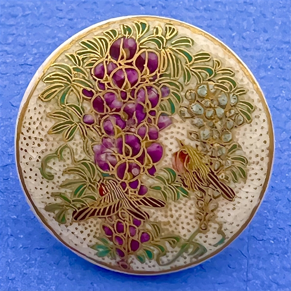 Japanese Satsuma button of wisteria and two birds.