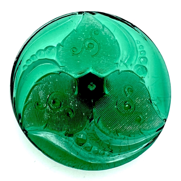 Bohemian green glass button of three leaves.