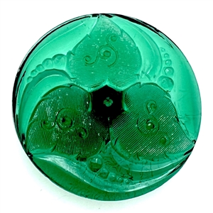 Bohemian green glass button of three leaves.