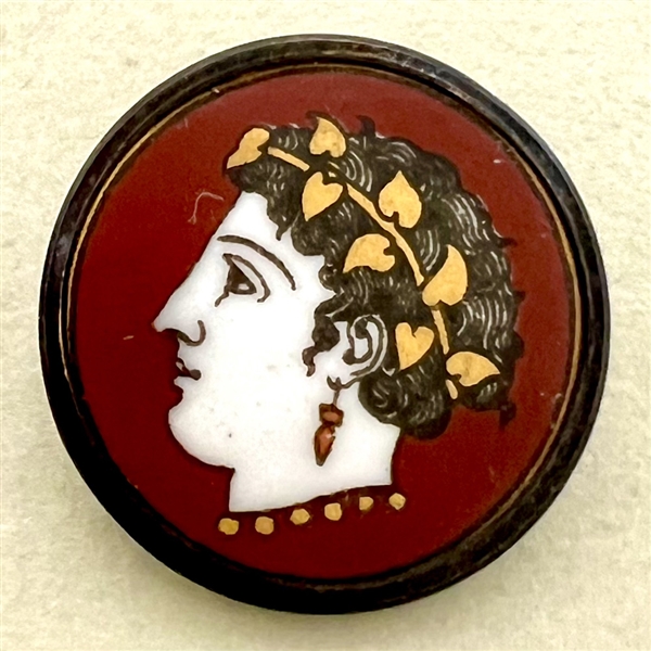 Liverpool transfer porcelain button on dark red of a woman.