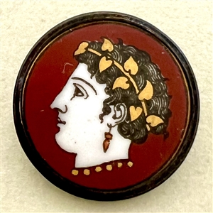 Liverpool transfer porcelain button on dark red of a woman.