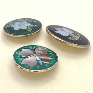 Three Mother of pearl and abalone Mexican inlay buttons of flowers.