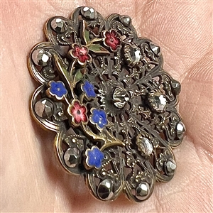 Lovely 19th c. enameled screen back button with faceted pastes.