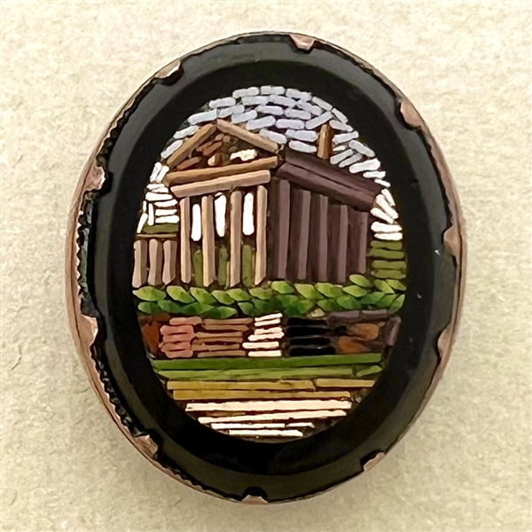 Italian micro mosaic oval button of a Greek temple.