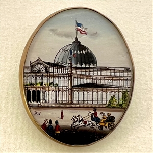 Large oval painting under glass button of the “Crystal Palace” from 1853 World’s Fair.