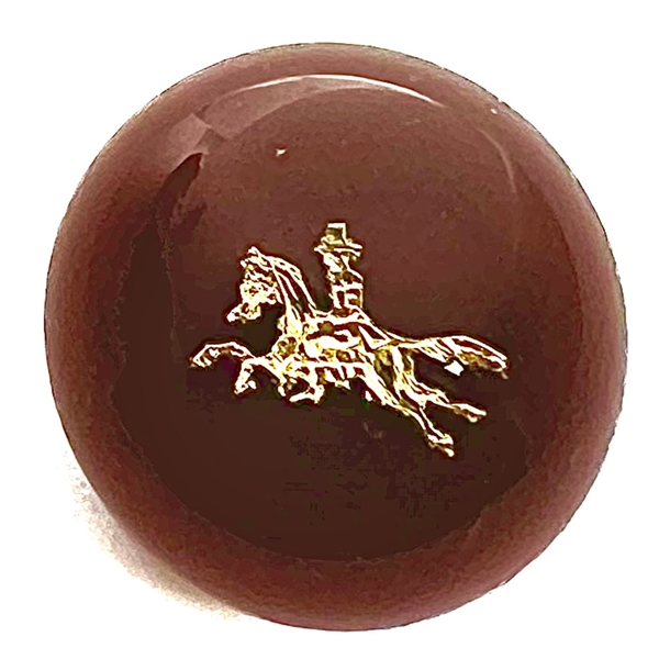 John Gooderham red paperweight with gold foil horse and rider glass studio button.