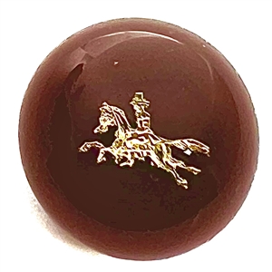 John Gooderham red paperweight with gold foil horse and rider glass studio button.