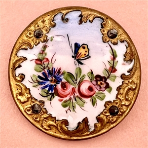 A 19th c. enamel button of flowers and butterfly with Rococo border.