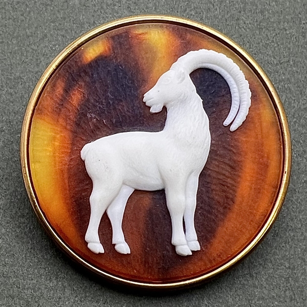 Glass (?) in metal button of a mountain goat.