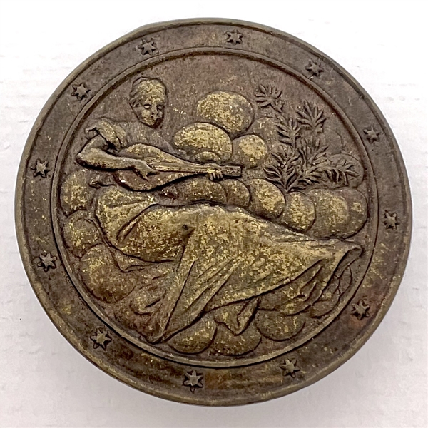 Brass button of a Erato (muse of music) playing a mandolin in clouds.