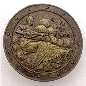 Brass button of a Erato (muse of music) playing a mandolin in clouds.