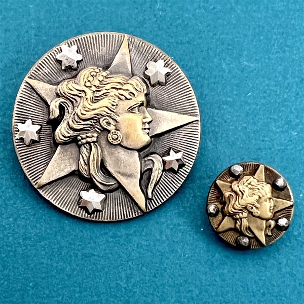 Two mother daughter brass buttons of Astrea (Goddess of Justice.)