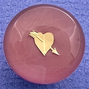 John Gooderham pink paperweight with gold foil heart and arrow glass studio button.