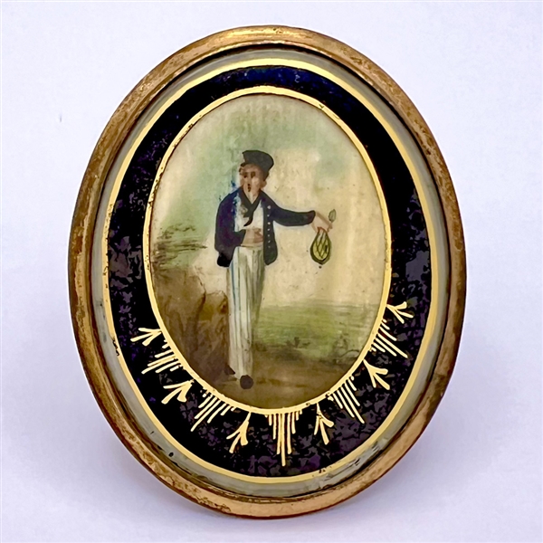 Large oval button of Sailor by the sea - painting on natural material under glass.