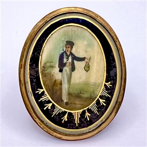 Large oval button of Sailor by the sea - painting on natural material under glass.