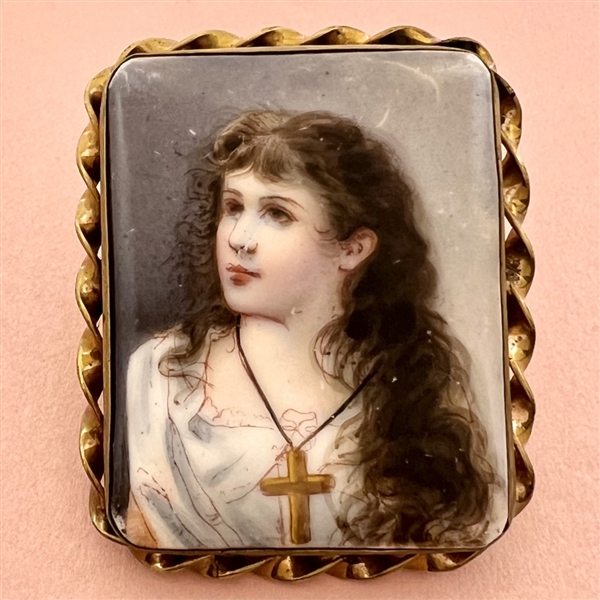 Extra large religious button of girl with cross necklace.