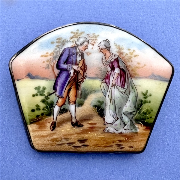 Extra large unusual shaped porcelain button of a courting couple.