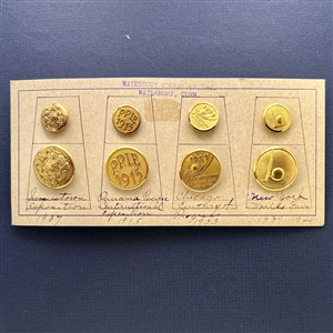 Sample card from Waterbury Button Company of buttons from International Expositions from 1907 - 1940.