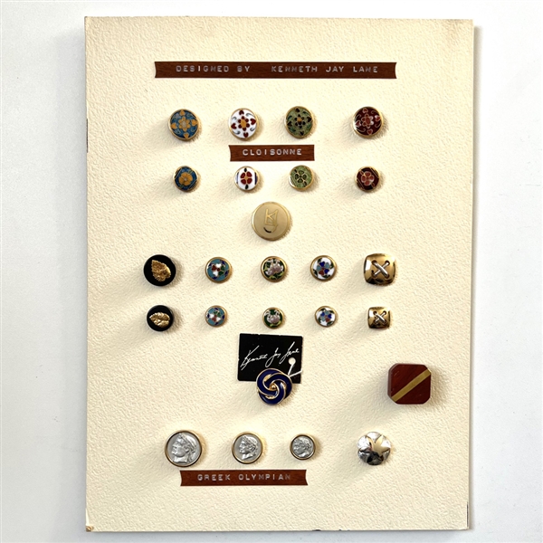 Card of twenty five buttons designed by Kenneth Jay Lane.