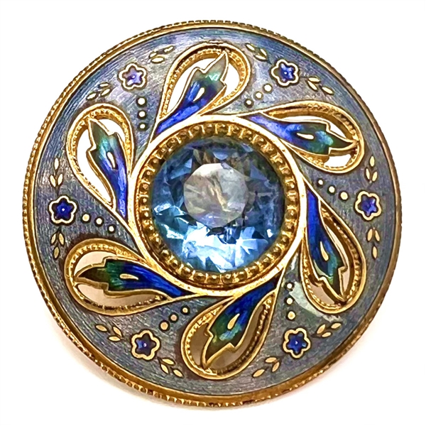 Gorgeous 19th c. enamel button with see through blue faceted glass jewel.