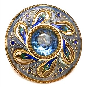 Gorgeous 19th c. enamel button with see through blue faceted glass jewel.