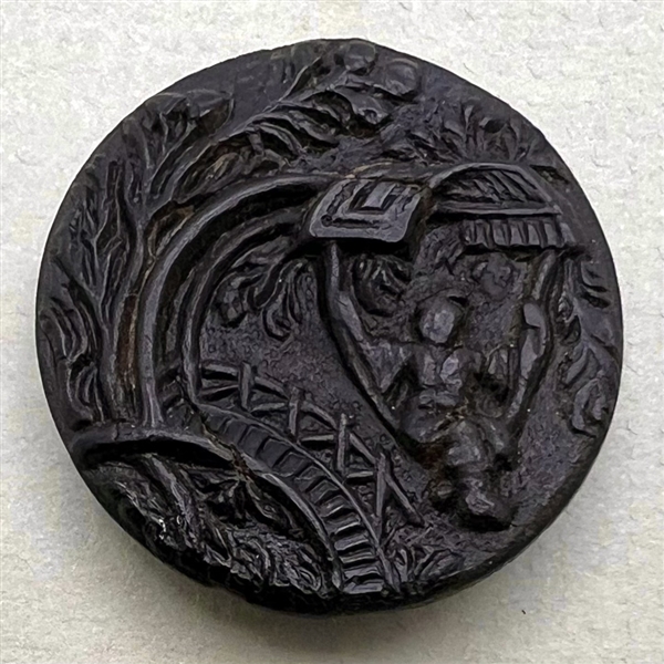 Horn button of a woman swinging in a garden.