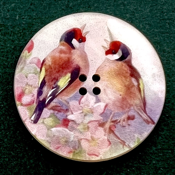 Transfer on shell button of two European Goldfinches.