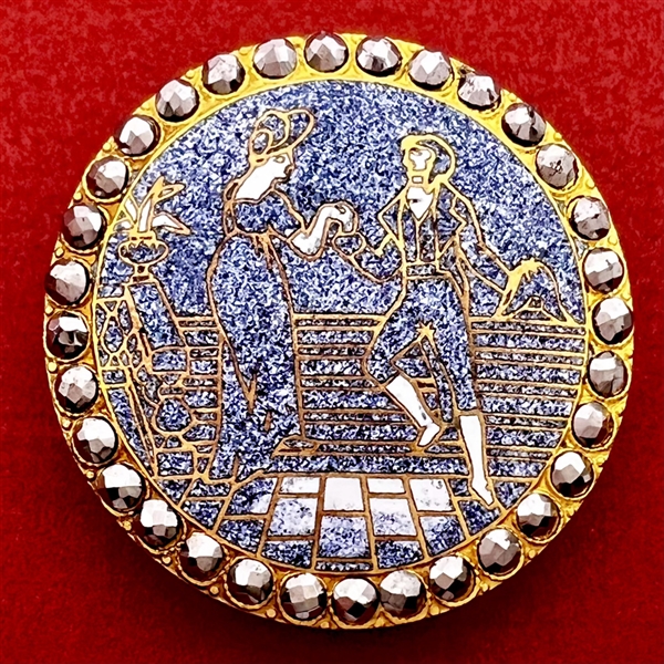 Stippled enamel button of Fops dancing.