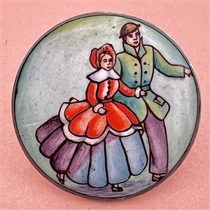 Motiwala enamel button of couple ice skating.