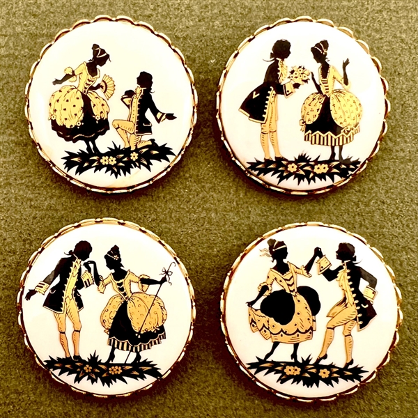 Set of four porcelain buttons depicting French Fops.