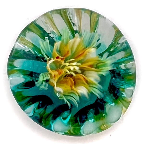 Glass paperweight studio button of a yellow 3D dahlia flower by Mary Gaumond.