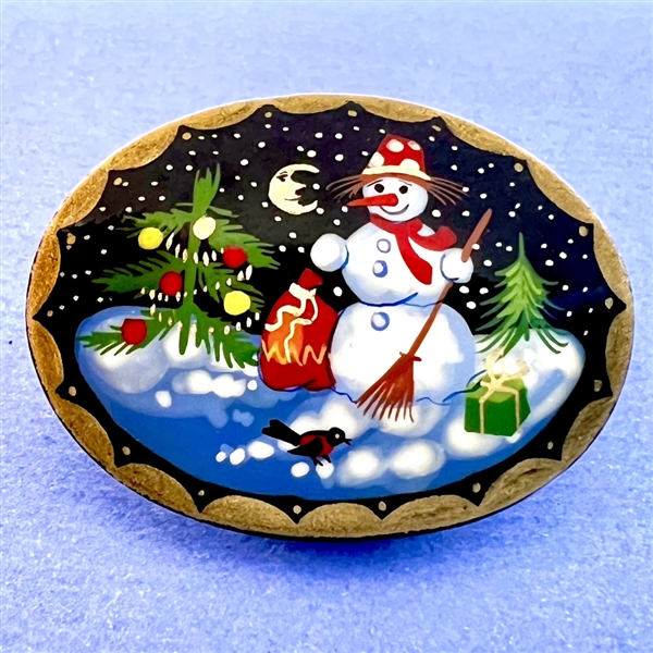 Russian lacquer button of snowman in winter night  scene.