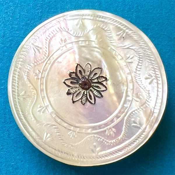 Early 19th c. Incised pearl button with brass center.