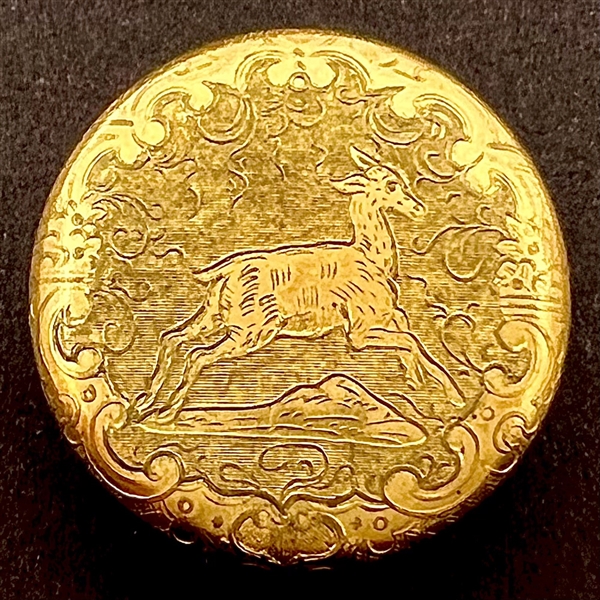 Gilded brass watchcase sporting button of a deer.