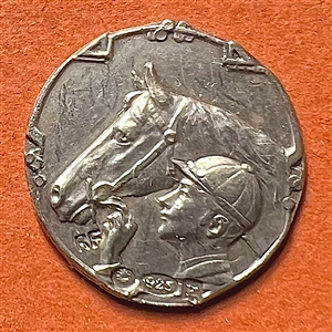 Hallmarked silver sporting button of a jockey and race horse.