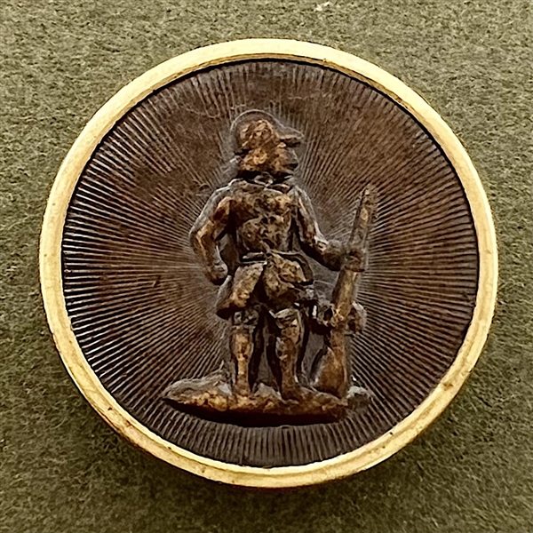 RARE French pressed paper sporting button of a hunter.