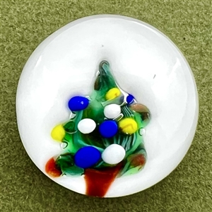 Glass paperweight studio button of a Christmas tree by John Gooderham.