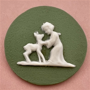 Jasperware studio button of robed child and deer by Shirley Shaw.