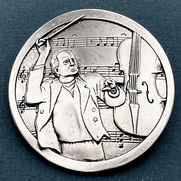 HUGE Battersea sterling silver show button of a conductor, cello and music.