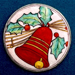 Motiwala enamel button of Christmas bell and holly.