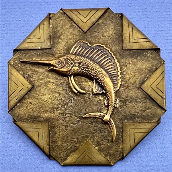 HUGE brass handkerchief studio button by Herman Bangman of a swordfish.