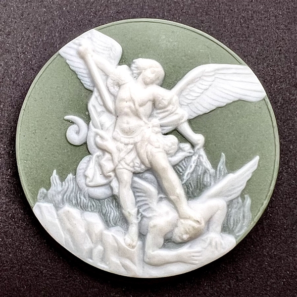 Jasperware ceramic studio button of Archangel Michael by Stella Rzanski.